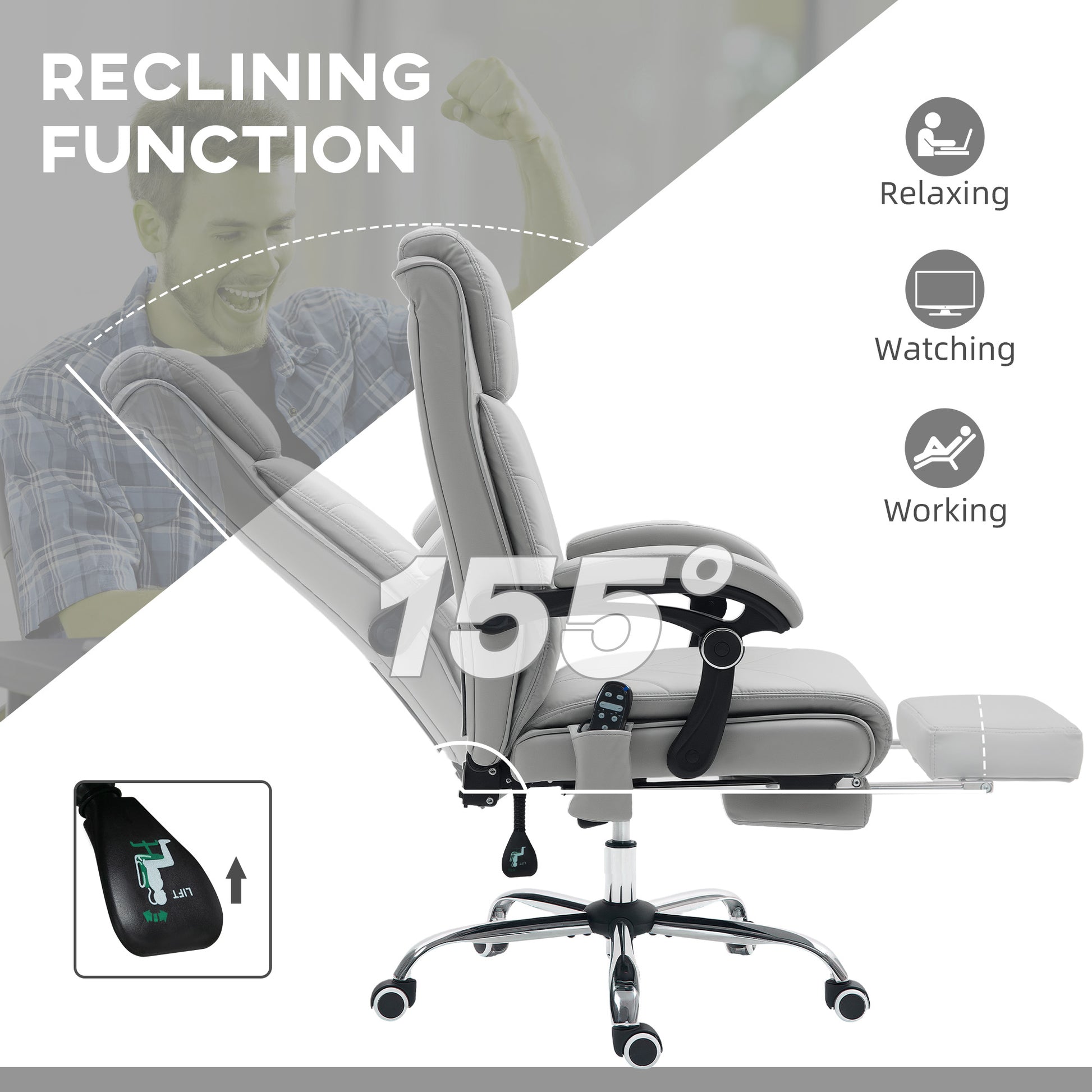 Office Chair with 4 Point Vibration Massage and Heat, Footrest, Light Grey