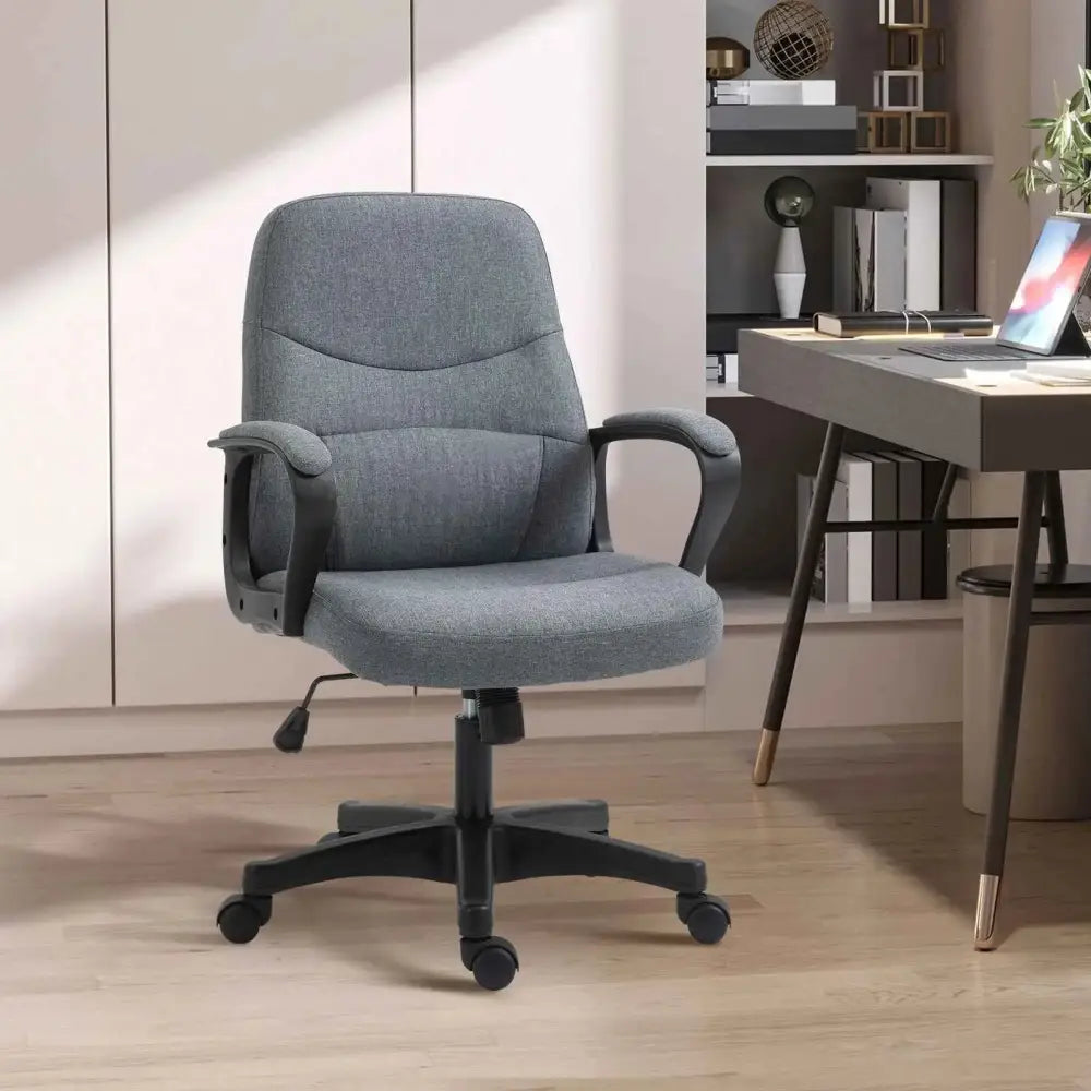 Gray fabric office chair with black armrests and base.
