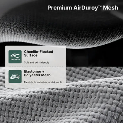 Premium airduroy™ mesh with a chenille-flocked surface and elastomer + polyester blend, designed for softness, breathability, and durability.