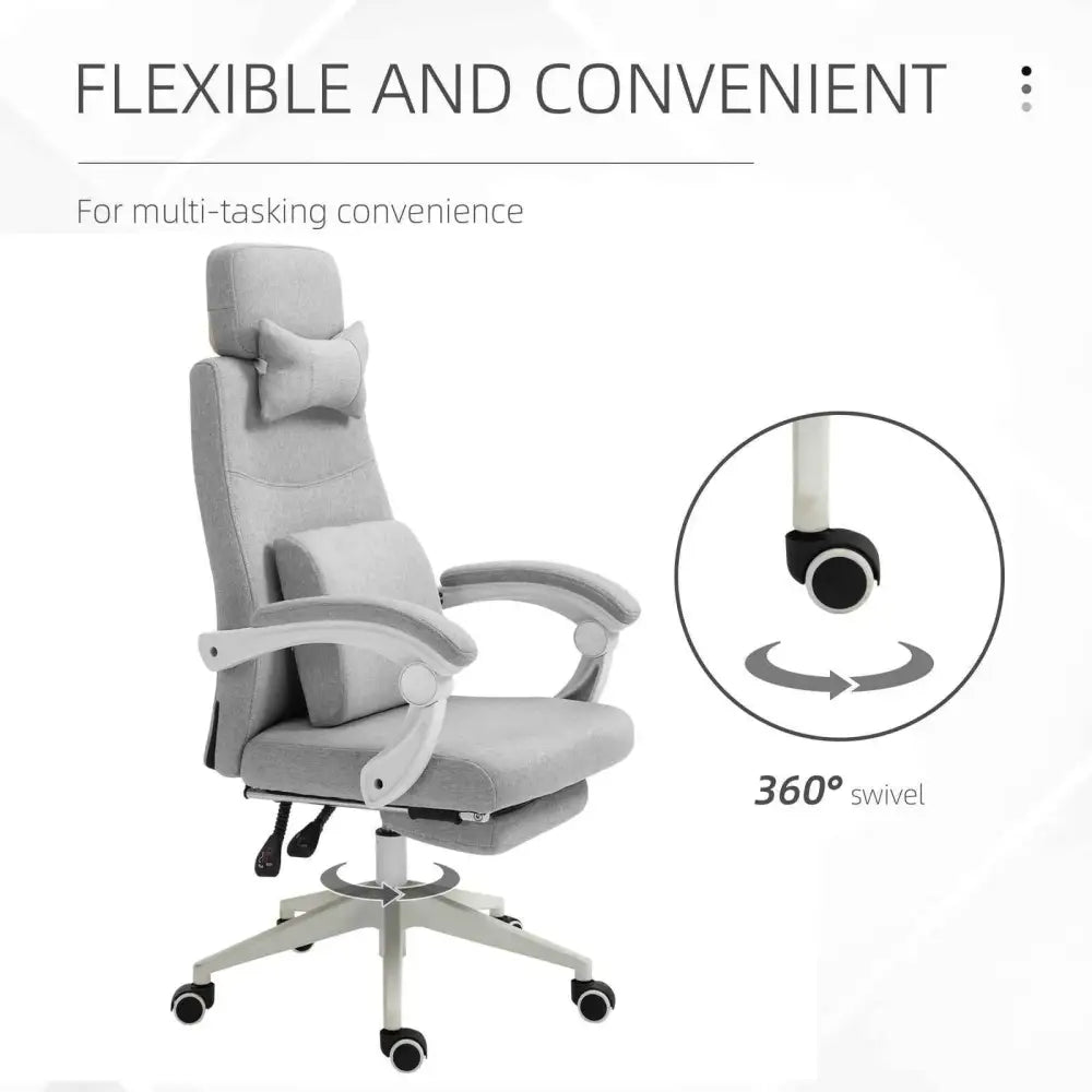 Gray upholstered office chair with adjustable headrest and armrests, featuring a five-star base with 360-degree swivel casters.