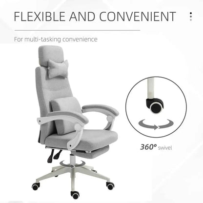Gray upholstered office chair with adjustable headrest and armrests, featuring a five-star base with 360-degree swivel casters.