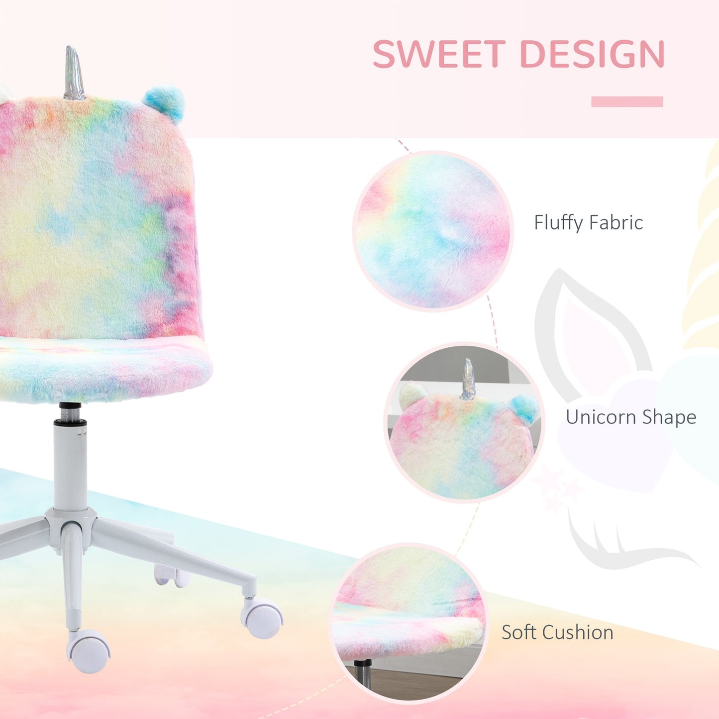 Fluffy Unicorn Office Chair with Swivel Wheel, Cute Desk Chair, Rainbow
