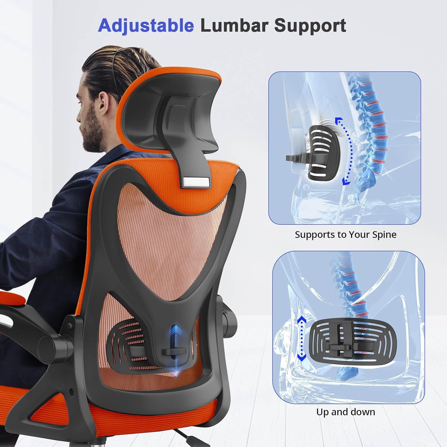 Office Chair - Ergonomic Desk Chair with Lumbar Support Headrest Adjustable, Padded Flip-Up Armrests Comfy Seat Cushion High Back Executive Manager Chair for Home Office
