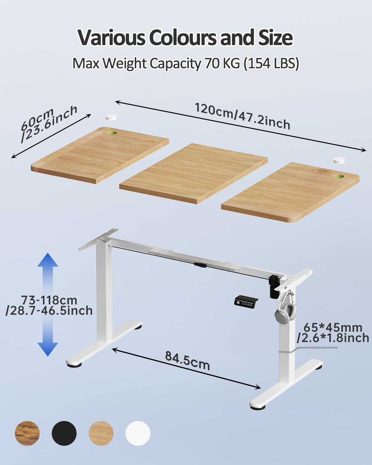 Electric Standing Desk 120X60Cm Sit Stand Table Height Adjustable Desk with Backpack Hook and Memory Smart Panel, Home Office with Splice Board, Beige | Ergonomic Desk Table with 2 Memory for Telework, Anti-Collision Function, Noise <50 Db, Load 70 Kg