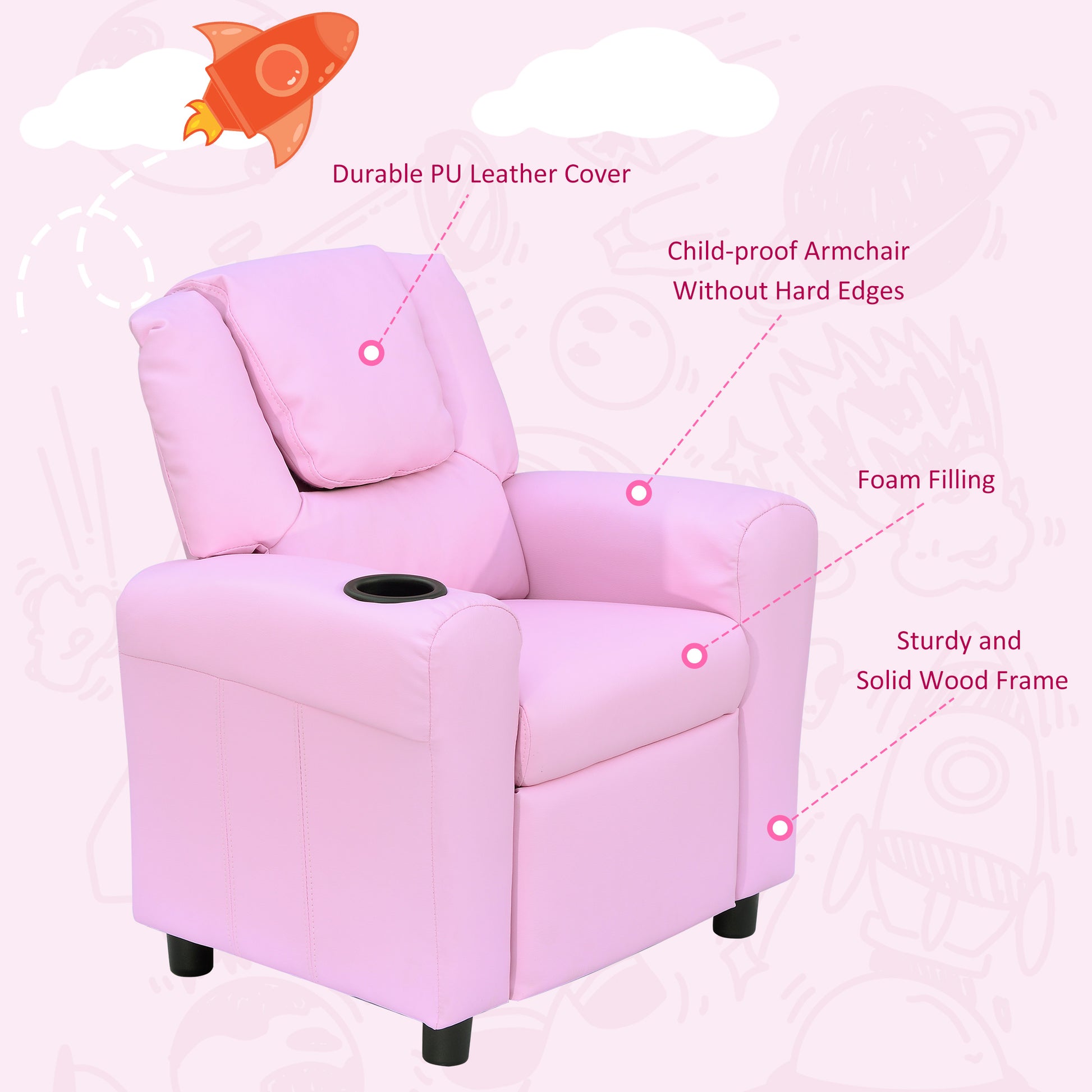 Kids Recliner Armchair Games Chair Sofa Childrens Seat in PU Leather Pink Blue