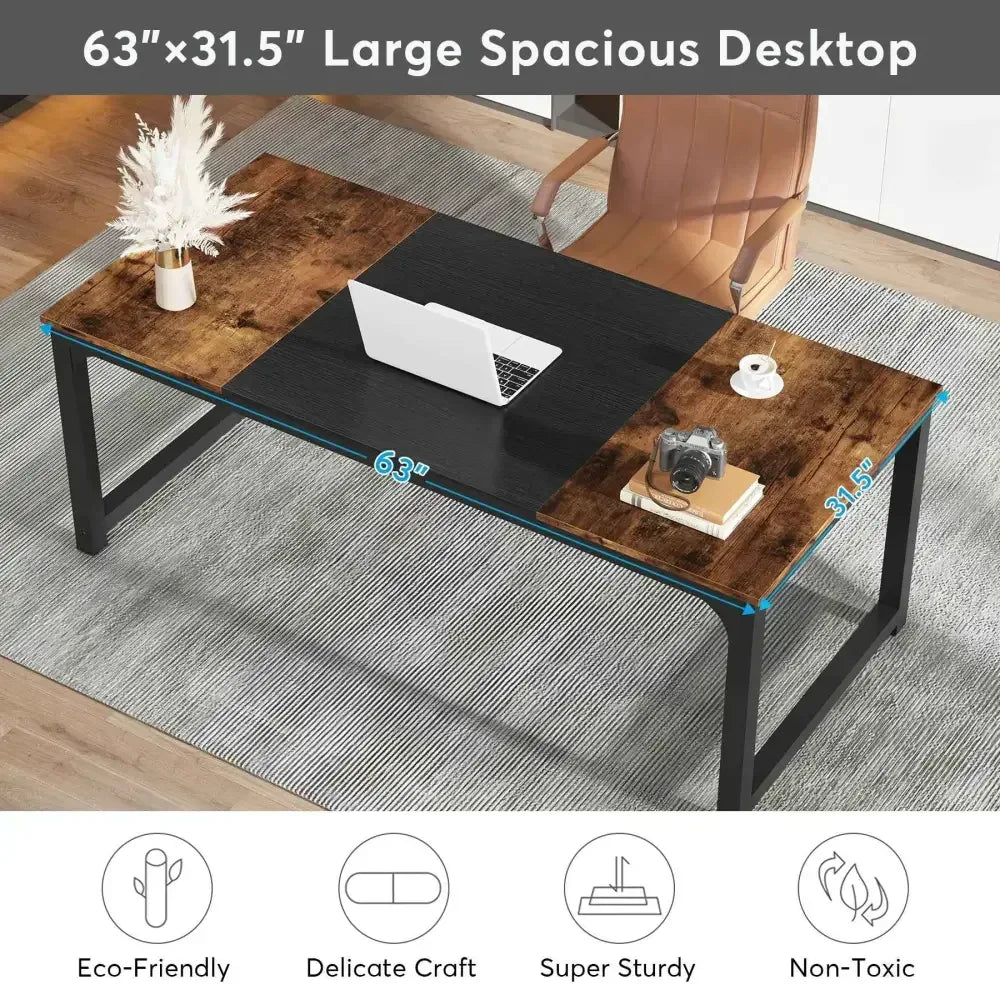 Spacious Computer Desk with Rustic Wood Top and Black Metal Frame - Ergo Heights