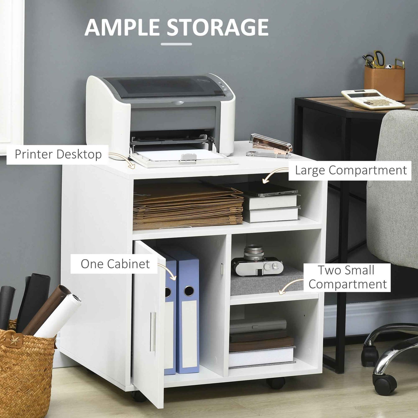 Multi-Storage Printer Unit Office Organisation 5 Compartments Wheels - Ergo Heights