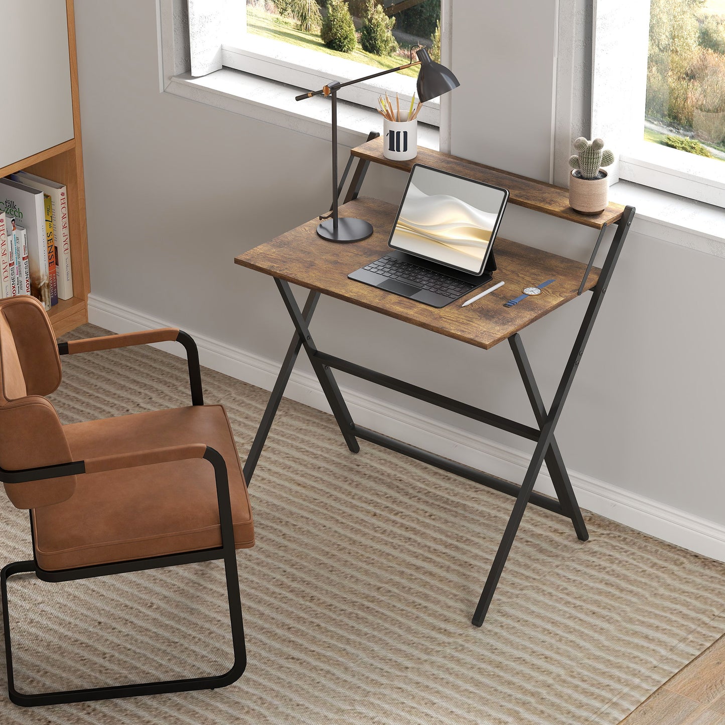Small Folding Desk W/ Monitor Shelf 81.5 Cm Foldable Computer Desk Rustic Brown