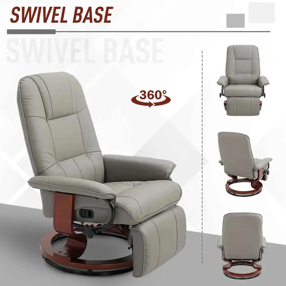 Beige leather recliner chair with a 360-degree swivel base and wooden accents.
