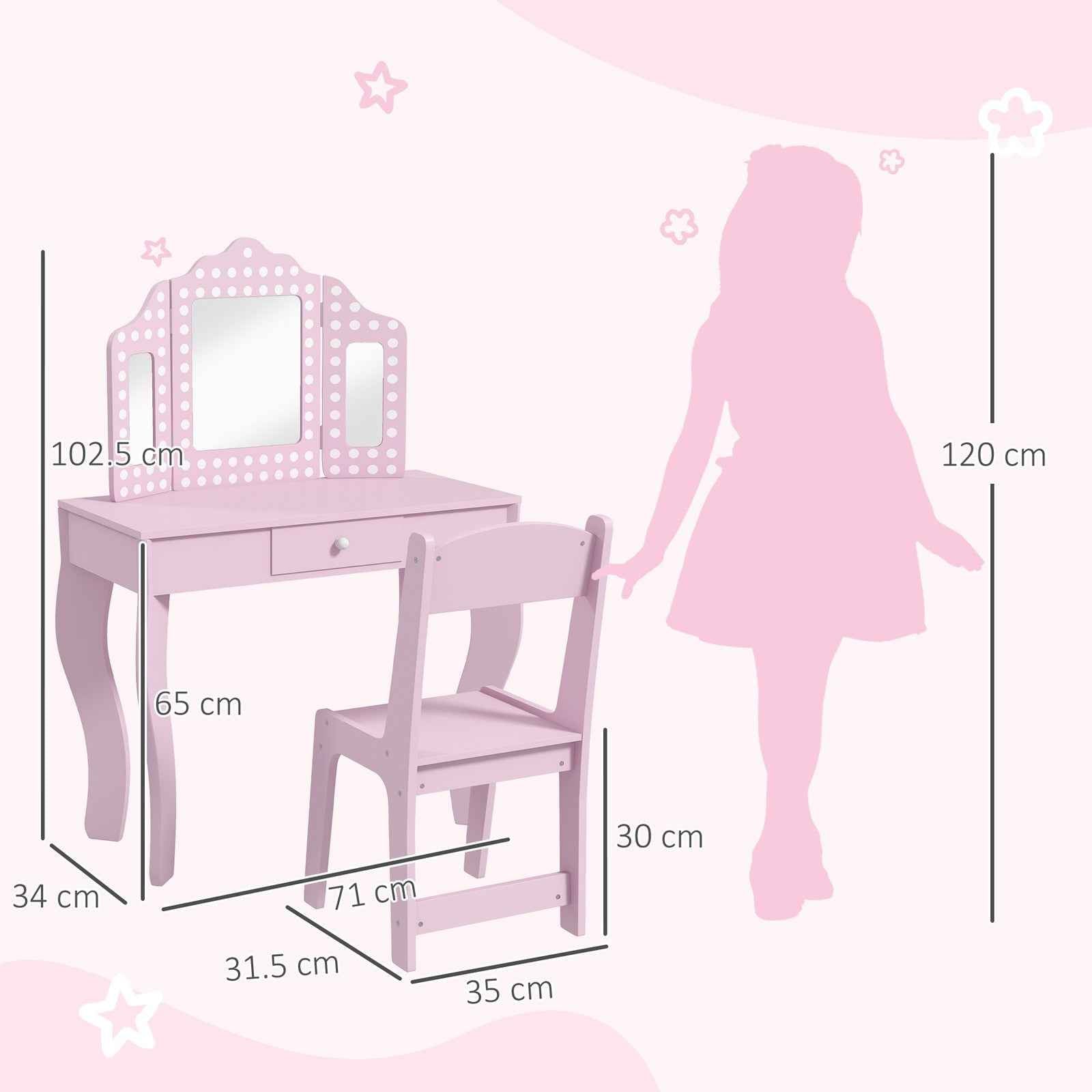 Ergo Heights Children Vanity Set With Chair Pink Polka Dot