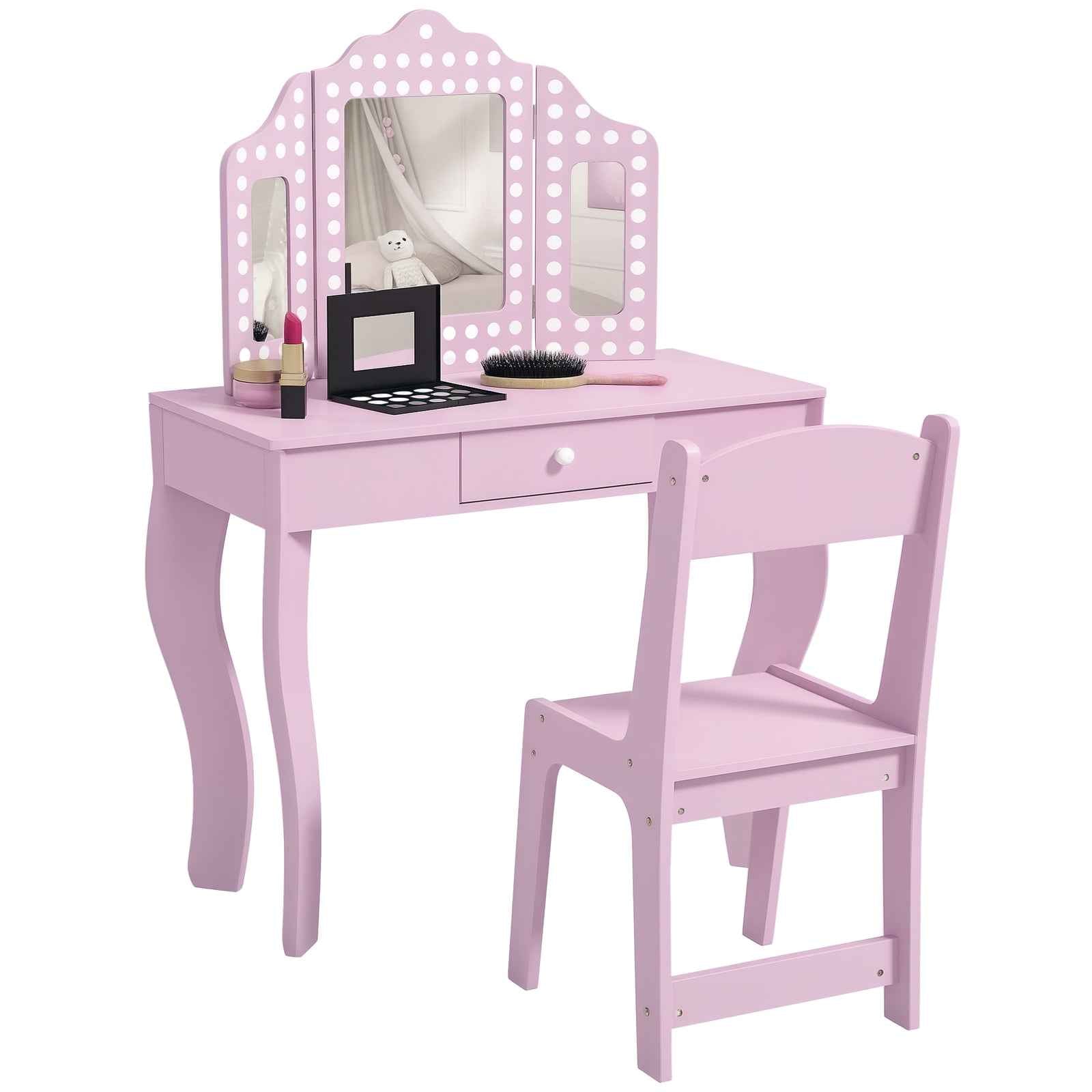 Ergo Heights Children Vanity Set With Chair Pink Polka Dot