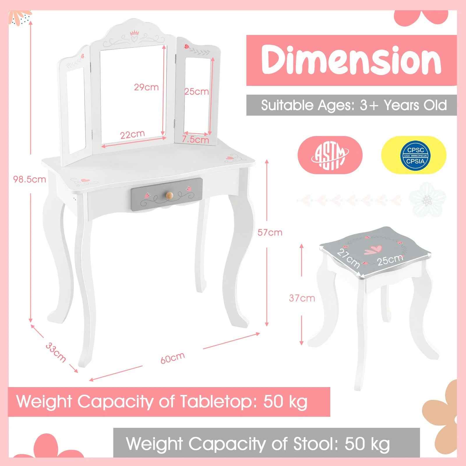 Ergo Heights Childrens Vanity Table With Chair Set