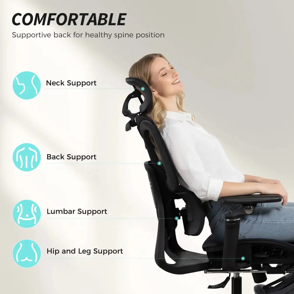 Grey high-back mesh ergonomic desk chair with separated backrest providing neck, lumbar, and hip support.
