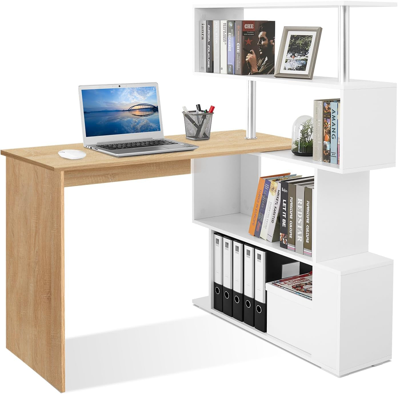 Corner Desk, L Shaped Desk with Rotatable Storage Shelves Oak&White