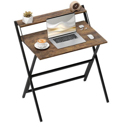 Small Folding Desk W/ Monitor Shelf 81.5 Cm Foldable Computer Desk Rustic Brown