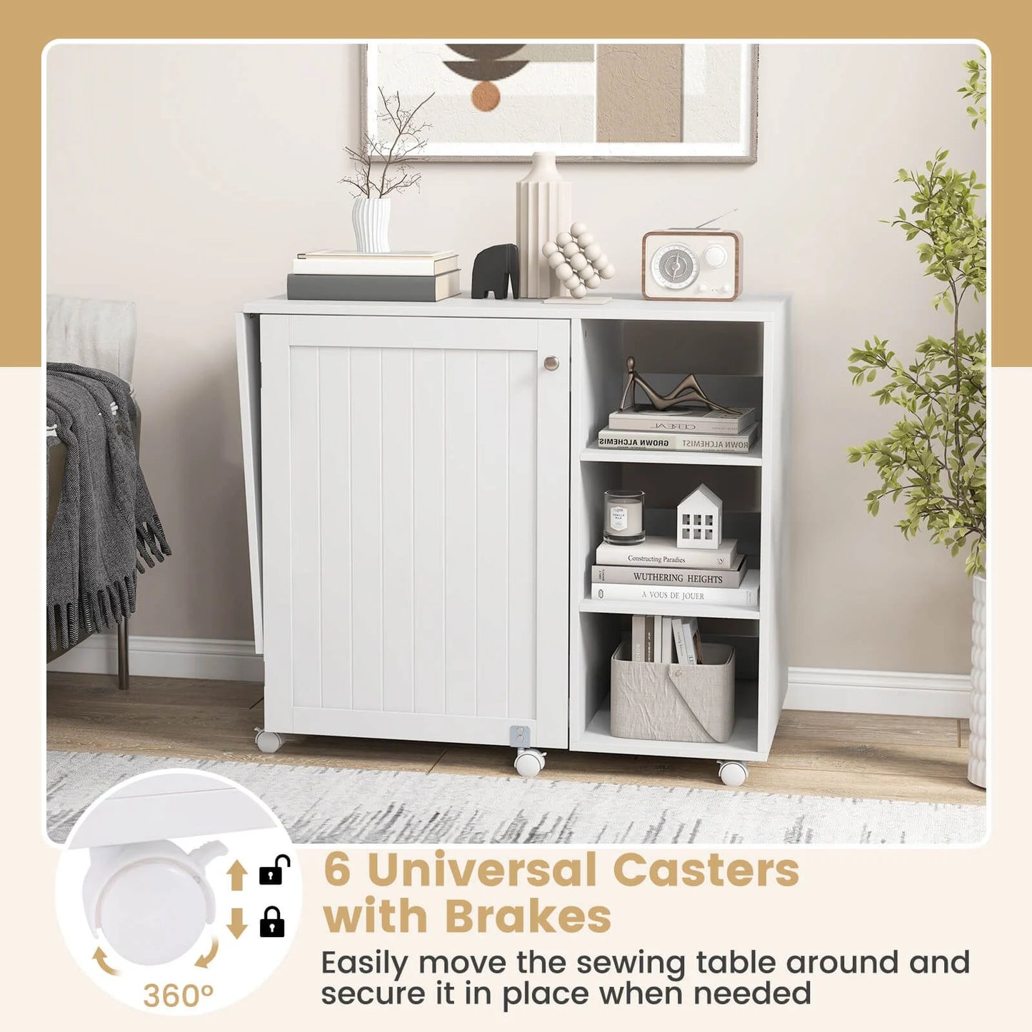 Folding Sewing Table with Storage Shelves and 18 Pegs and Lockable Casters