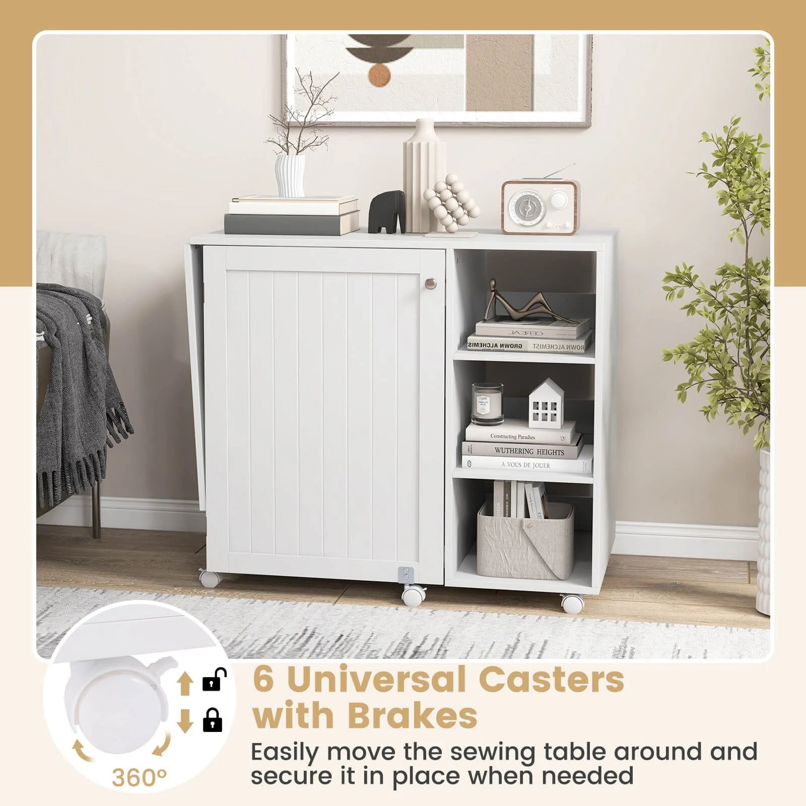 Folding Sewing Table with Storage Shelves and 18 Pegs and Lockable Casters