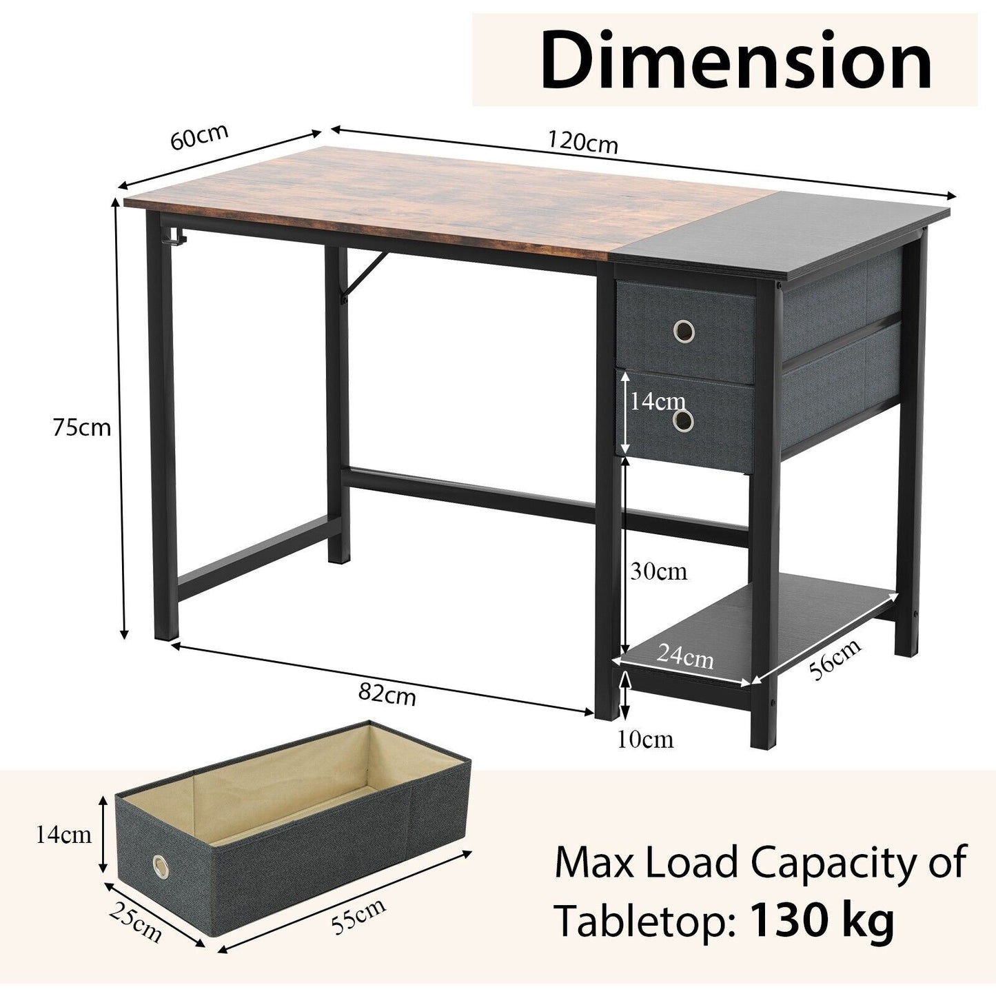 120 Cm Home Office Desk Writing Desk Modern Computer Workstation with 2 Drawers