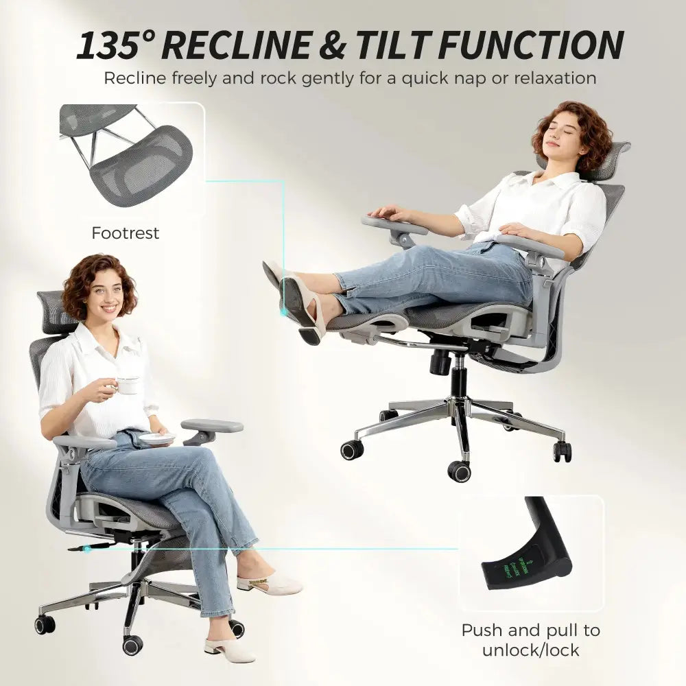 Ergonomic office chair with separated backrest, high-back mesh in grey; adjustable headrest and armrests for support.