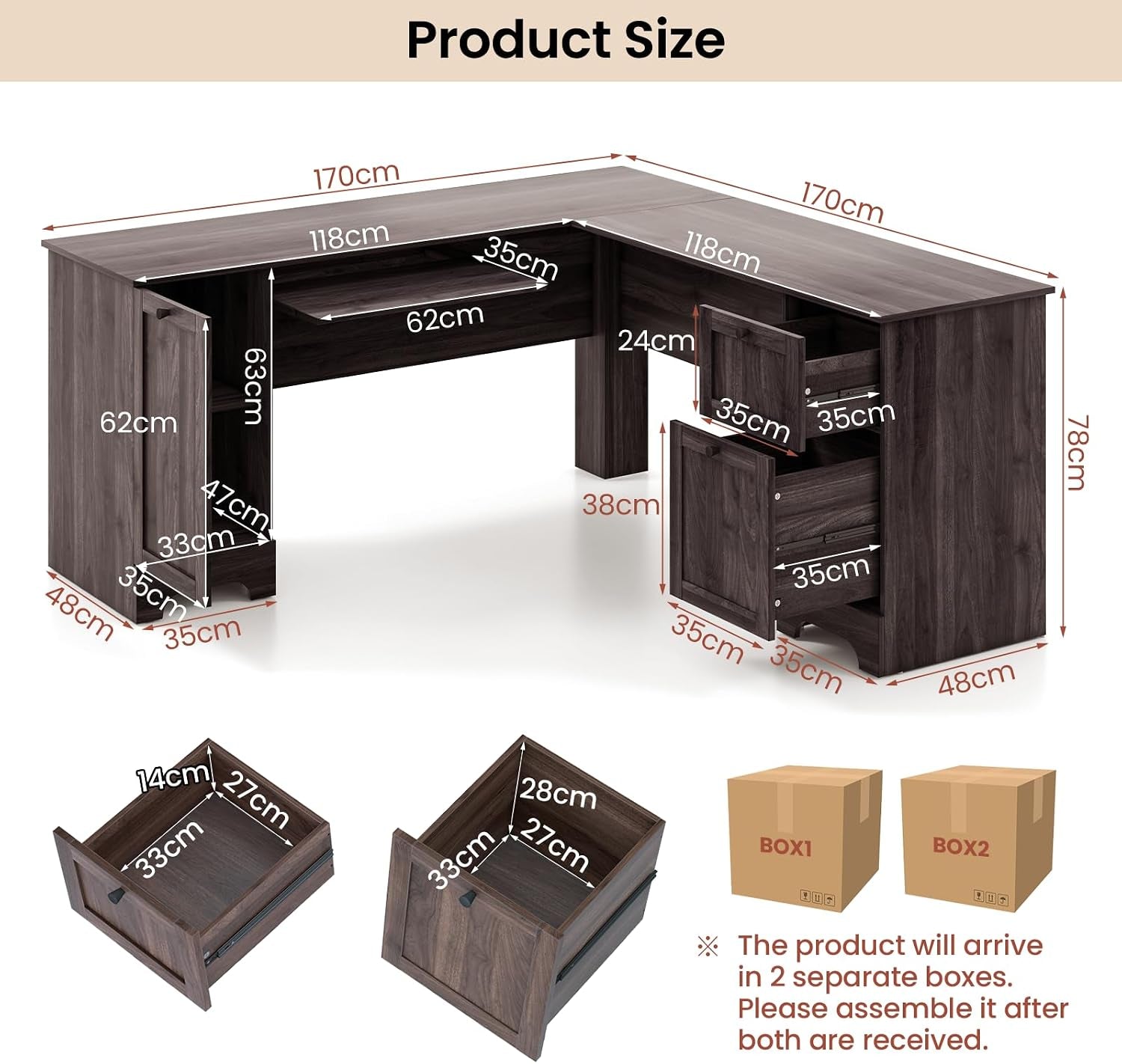 L-Shaped Computer Desk, 170Cm Reversible Corner Desk with Drawers, Cabinet & Keyboard Tray, Modern Office Desk Wooden PC Laptop Table for Home Office Bedroom (Dark Brown)