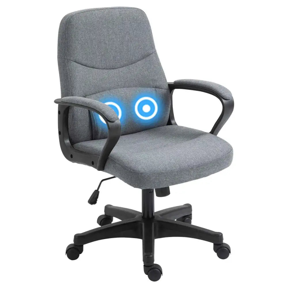 Gray fabric office chair with black armrests and base, featuring blue glowing circular heating elements on the backrest.