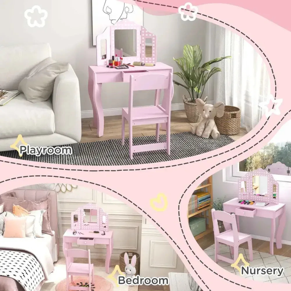 Children Vanity Set with Chair - Pink Polka Dot Design - Ergo Heights