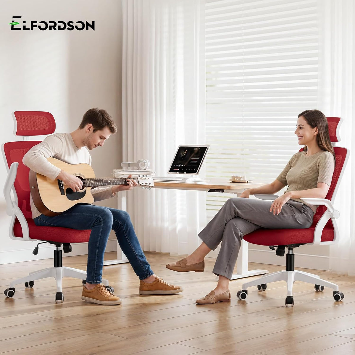 Ergonomic Office Chair, Mesh Desk Chairs with Headrest Lumbar Support, Executive Computer Swivel Chairs with Flip-Up Armrests, Comfy Seat, Height Adjustable, Rocking for Home, White & Red