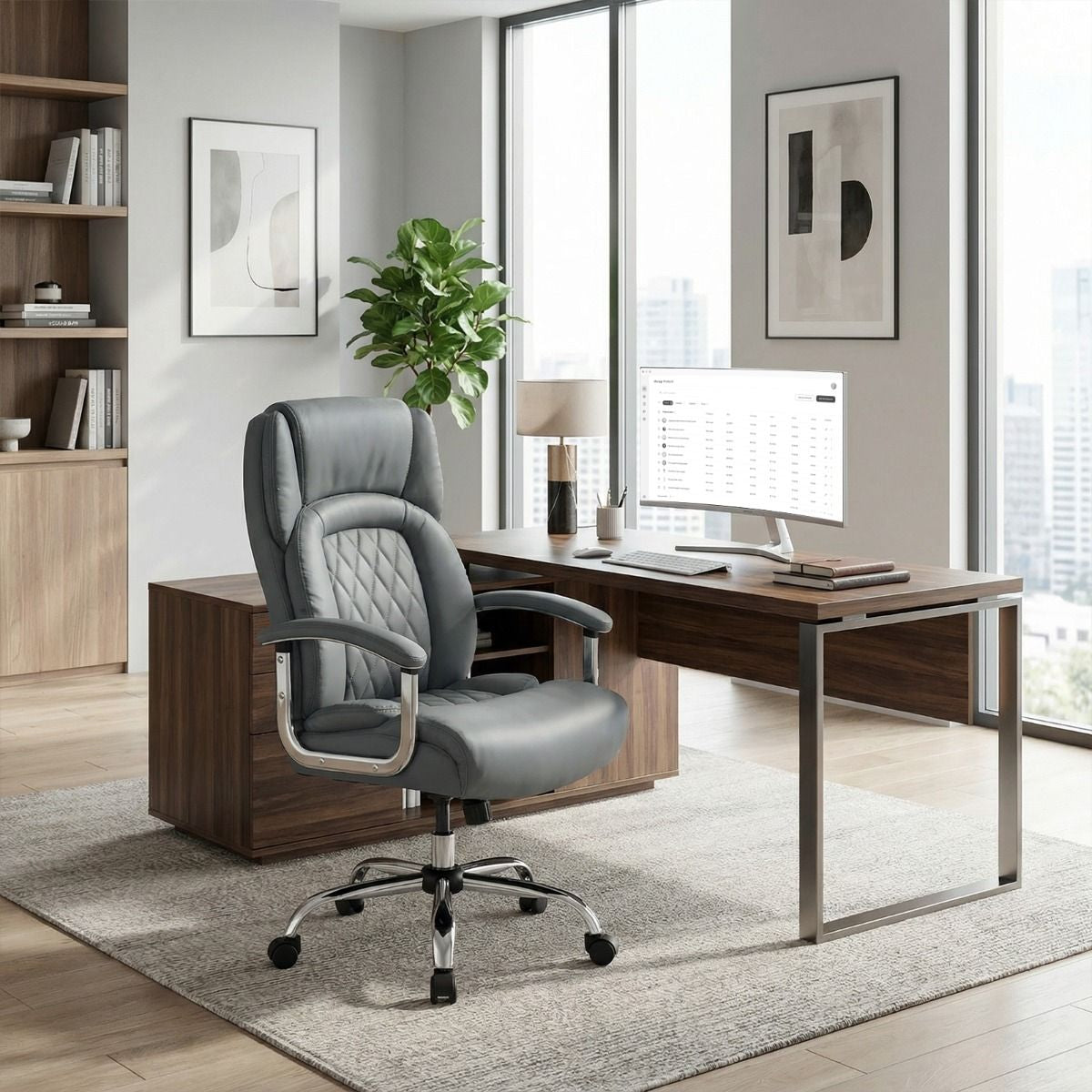 Leather Office Chair with Rocking Mode and Armrests