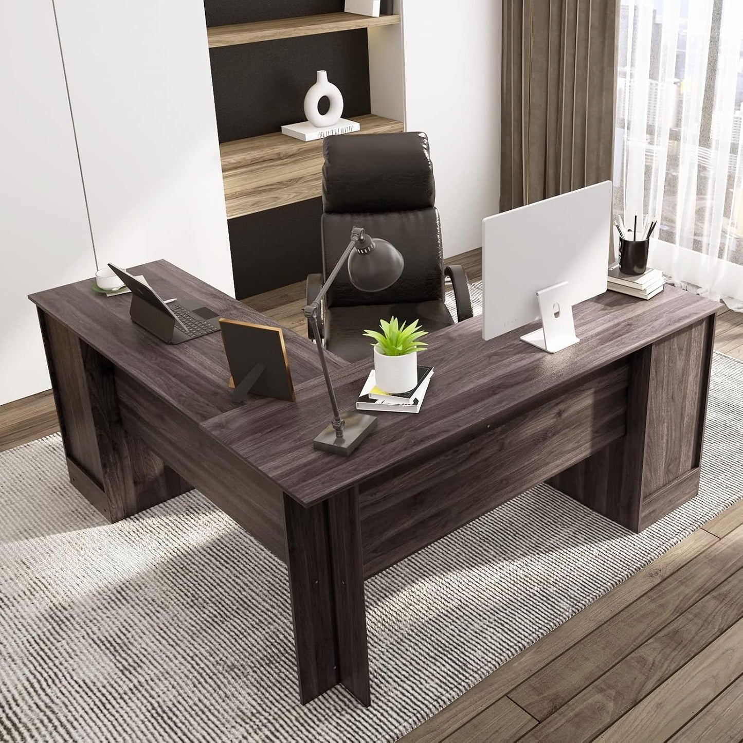 L-Shaped Computer Desk, 170Cm Reversible Corner Desk with Drawers, Cabinet & Keyboard Tray, Modern Office Desk Wooden PC Laptop Table for Home Office Bedroom (Dark Brown)