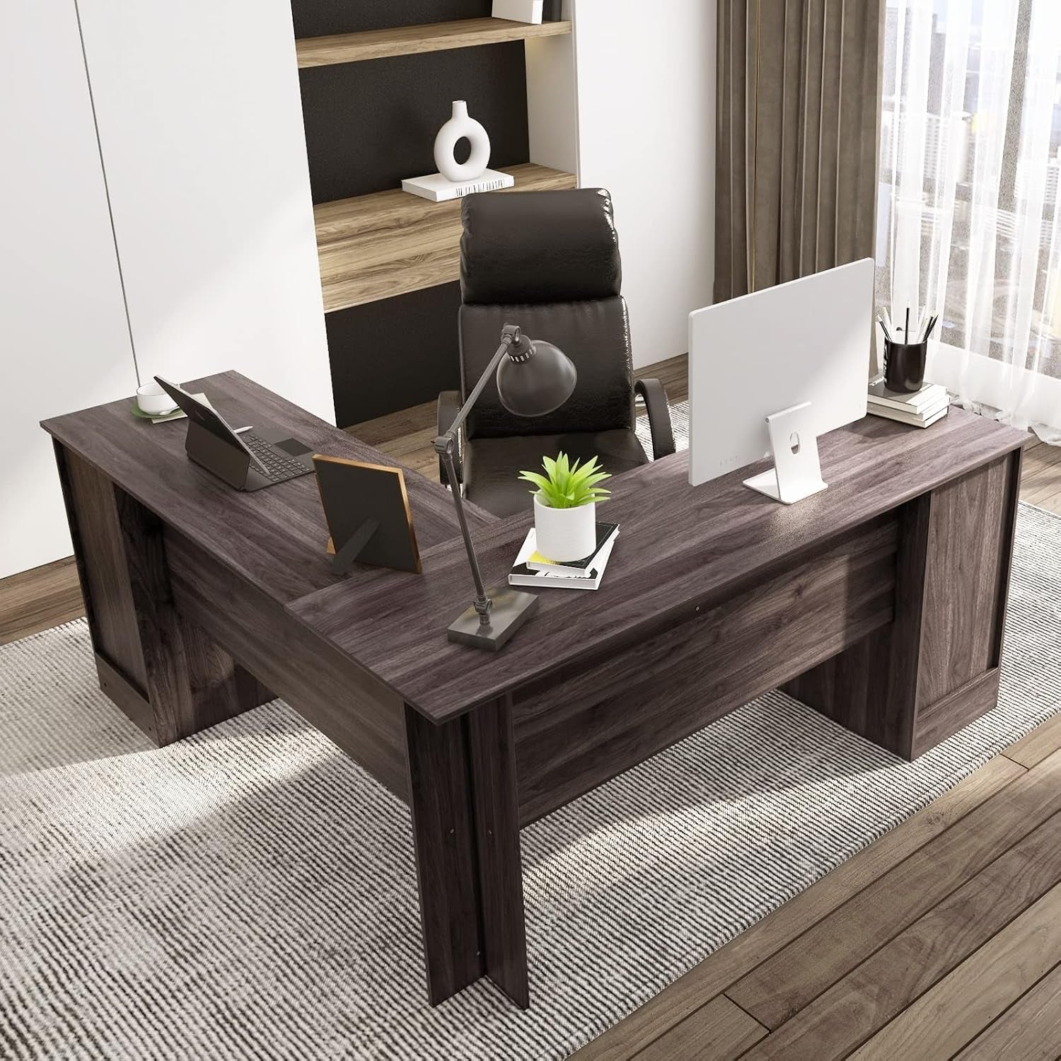 L-Shaped Computer Desk, 170Cm Reversible Corner Desk with Drawers, Cabinet & Keyboard Tray, Modern Office Desk Wooden PC Laptop Table for Home Office Bedroom (Dark Brown)