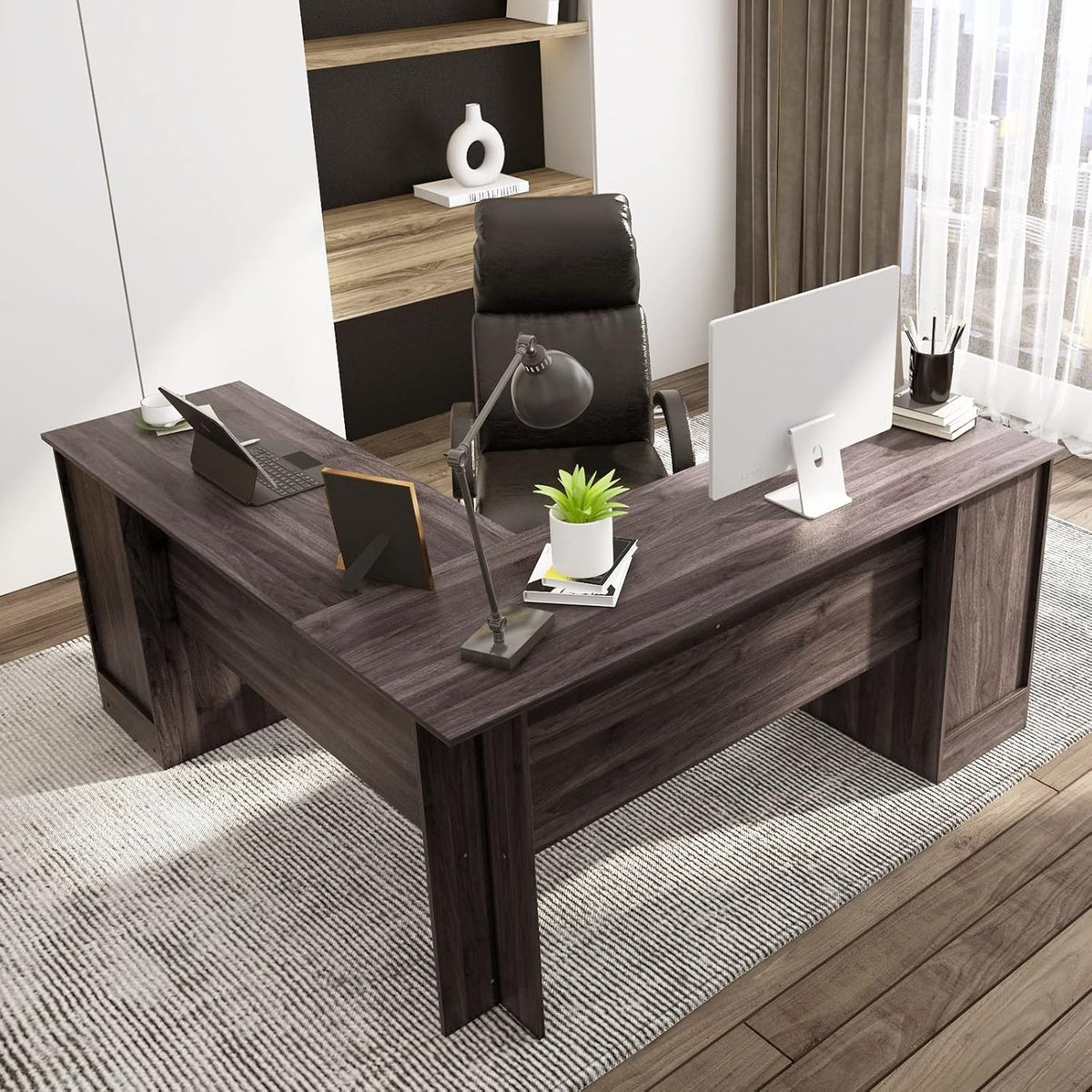 L-Shaped Corner Desk 170 cm | Drawers, Cabinet & Keyboard Tray | Dark Brown - Ergo Heights