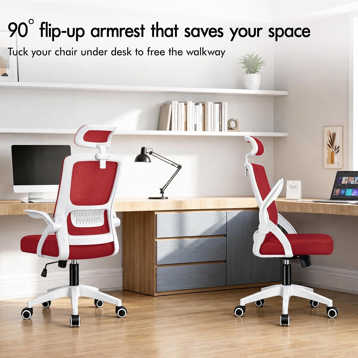 Ergonomic Office Chair, Mesh Desk Chairs with Headrest Lumbar Support, Executive Computer Swivel Chairs with Flip-Up Armrests, Comfy Seat, Height Adjustable, Rocking for Home, White & Red