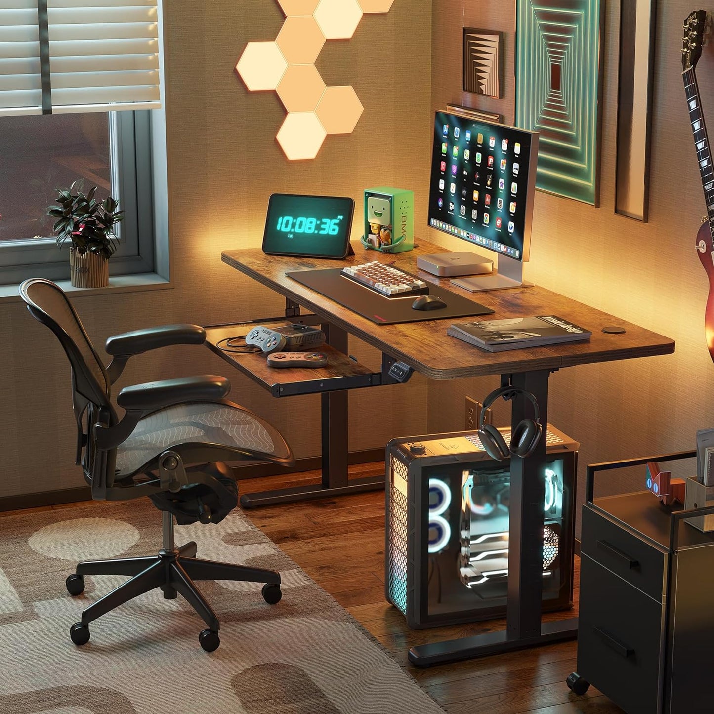 Height Adjustable Electric Standing Desk with Keyboard Tray, 100 X 60 Cm Sit Stand up Desk with Splice Board, Black Frame/Rustic Brown Top