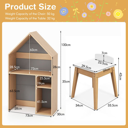 Wooden Kids Table and Chair Set House-Shaped with Blackboard