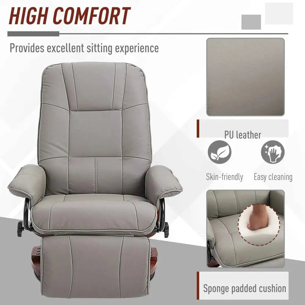 Gray pu leather recliner chair with sponge padded cushion and wooden footrest.