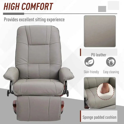 Gray pu leather recliner chair with sponge padded cushion and wooden footrest.