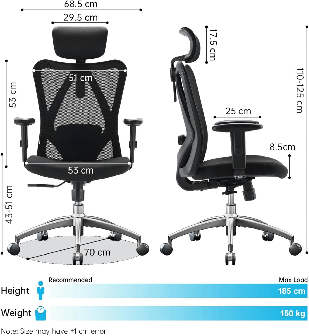 M18 Ergonomic Office Chair, Adjustable Lumbar Support, 330 Lb, Black