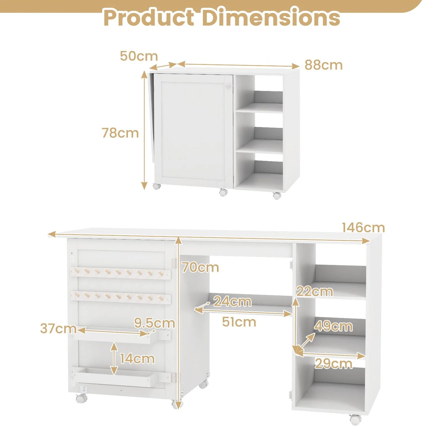 Folding Sewing Table with Storage Shelves and 18 Pegs and Lockable Casters