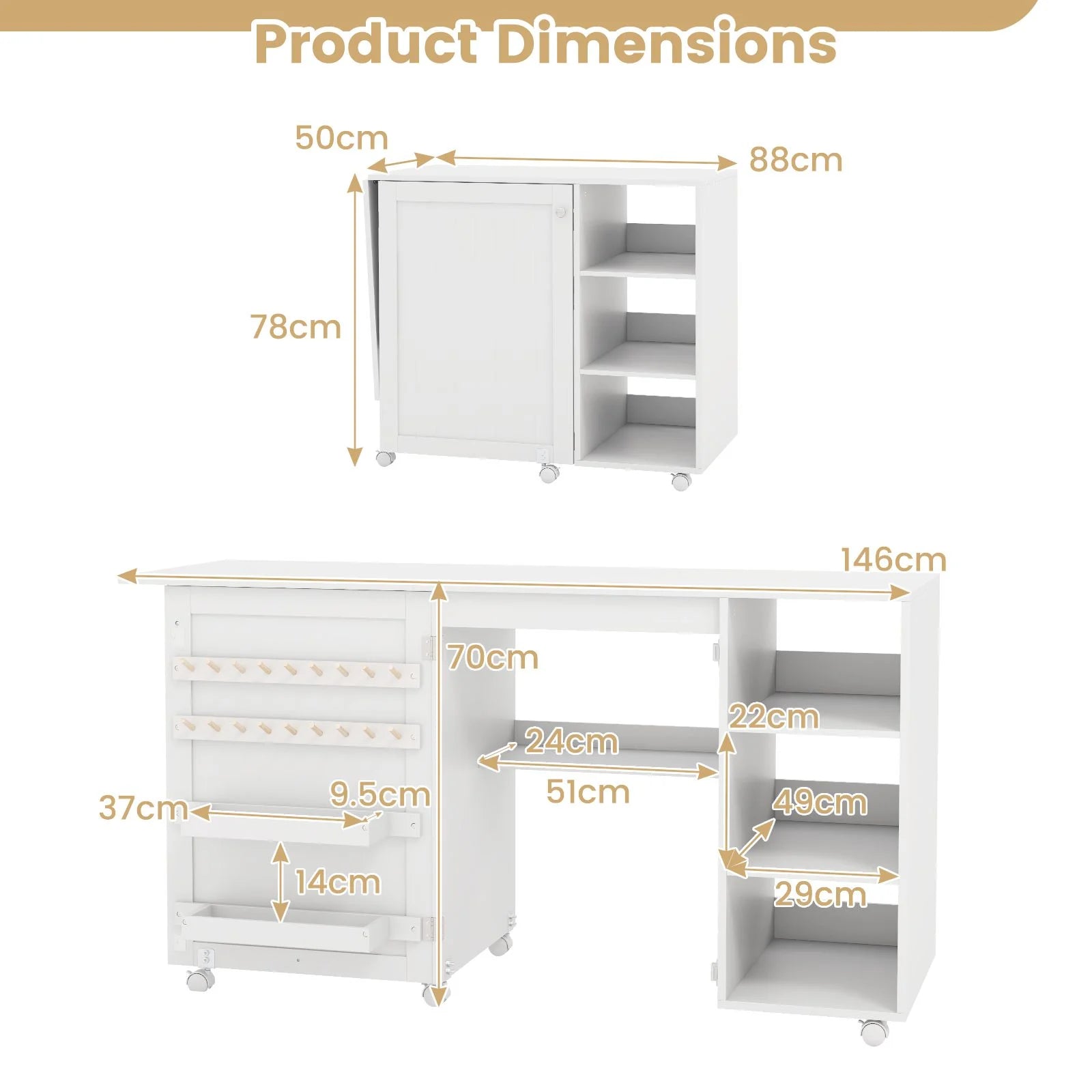 Folding Sewing Table with Storage Shelves and 18 Pegs and Lockable Casters