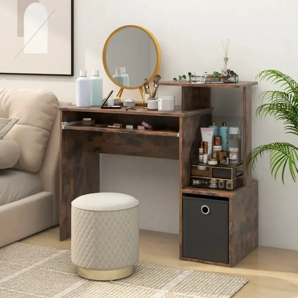 Space-Saving Computer Desk with Open Shelf and Fabric Storage Drawer - Ergo Heights