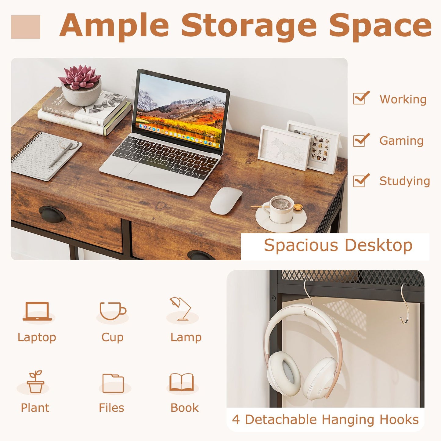 Space Saving Computer Desk with 2 Fabric Drawers