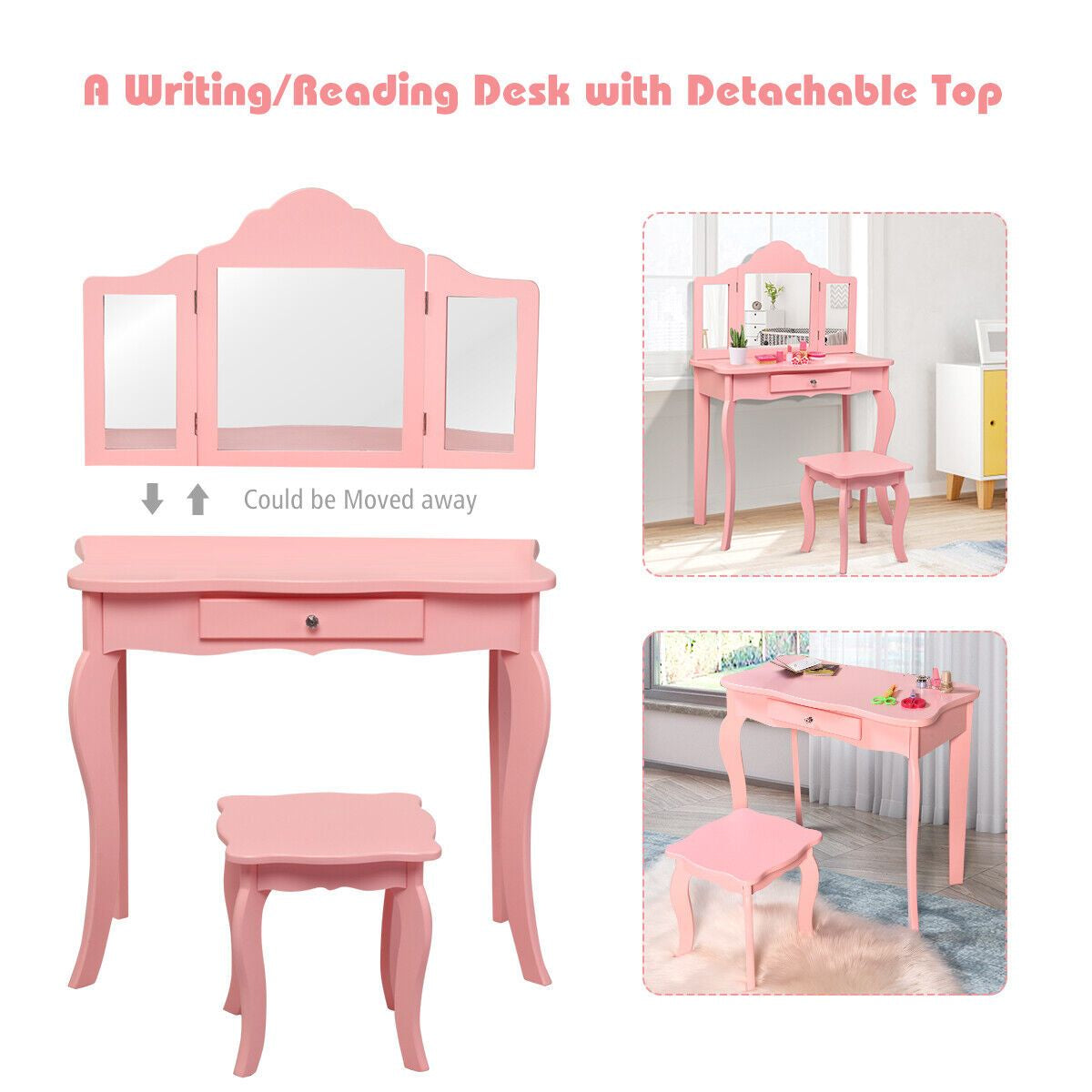 Kids Wooden Vanity Table and Stool Set with Detachable Top Folding Mirrors