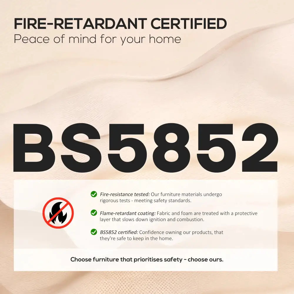 BS5852 fire-retardant certified furniture label with safety bullet points on beige background.
