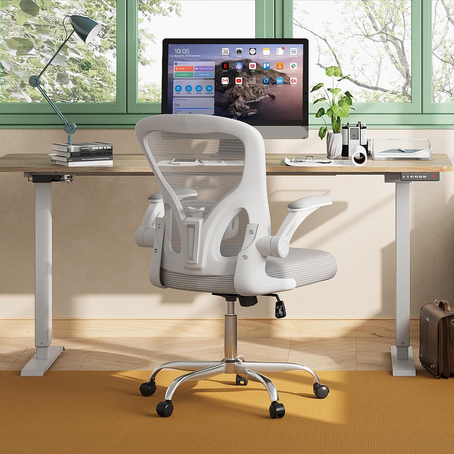 Ergonomic Office Chair with 90° Flip-Up Armrest, Lumbar Support, Home Office Chair with Padded Seat Cushion, Height Adjustable, 360° Rotation, Mesh Backrest for Home/Office, Grey