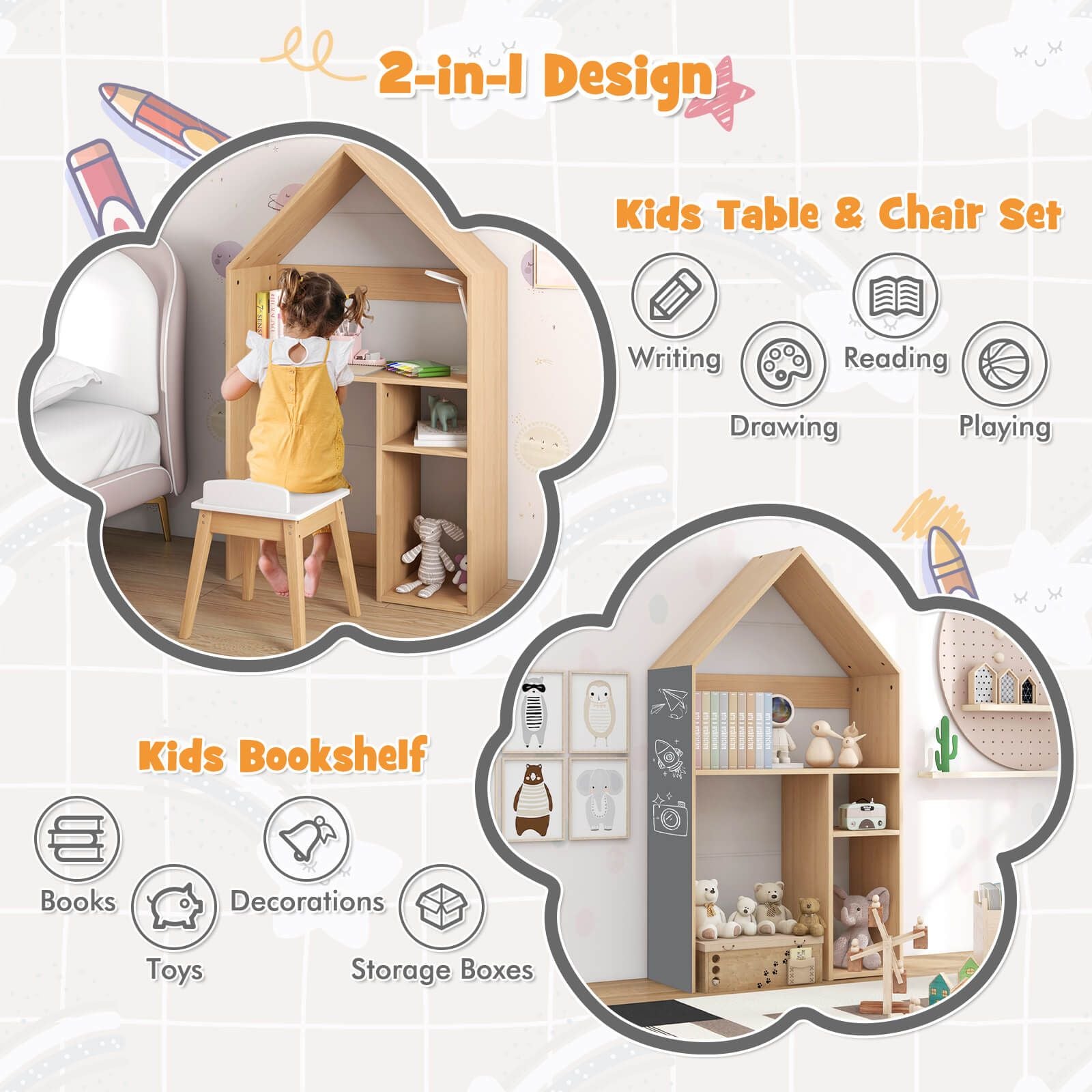 Wooden Kids Table and Chair Set House-Shaped with Blackboard