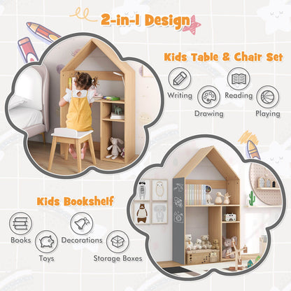Wooden Kids Table and Chair Set House-Shaped with Blackboard