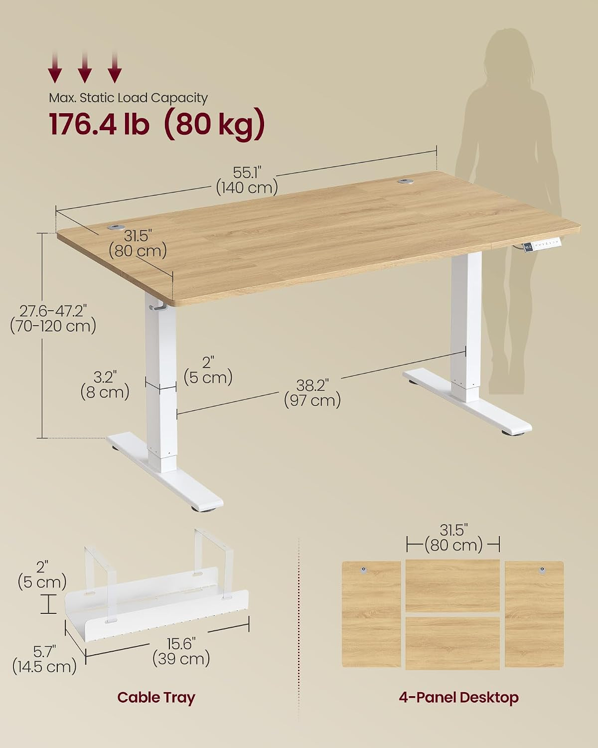 Electric Standing Desk, USB C Port, Cable Tray, Golden Oak
