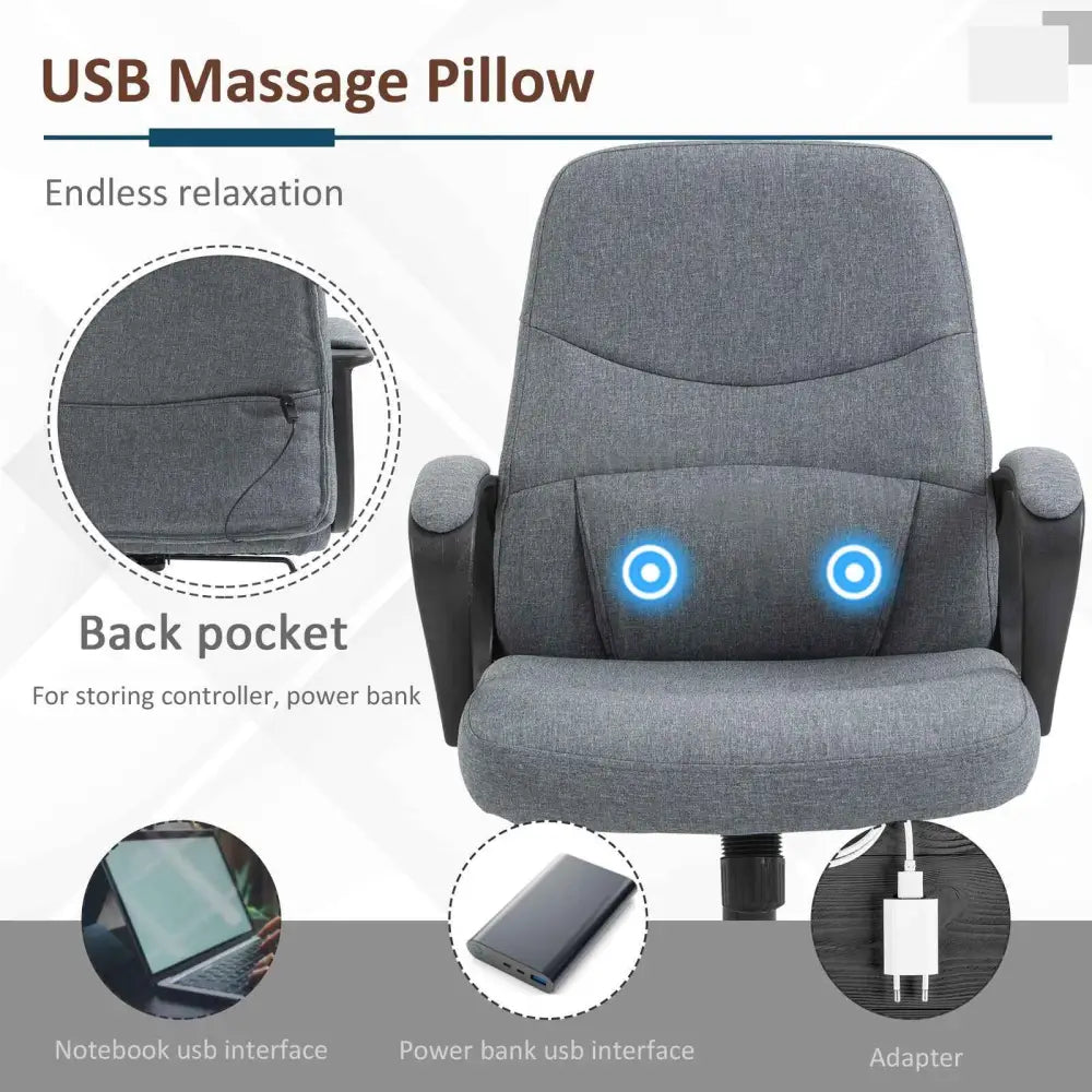 Gray textured fabric usb massage pillow with two glowing blue circular led lights on the backrest.