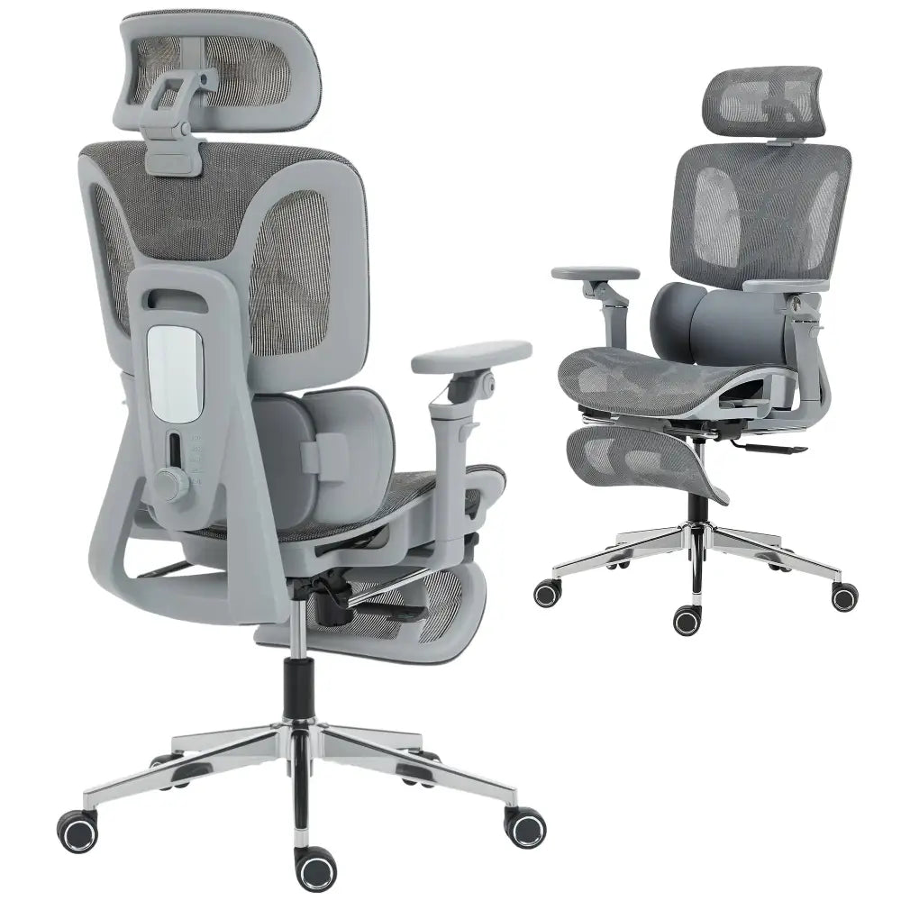 Grey ergonomic high-back mesh chair with separated backrest, headrest, lumbar support, and adjustable armrests.