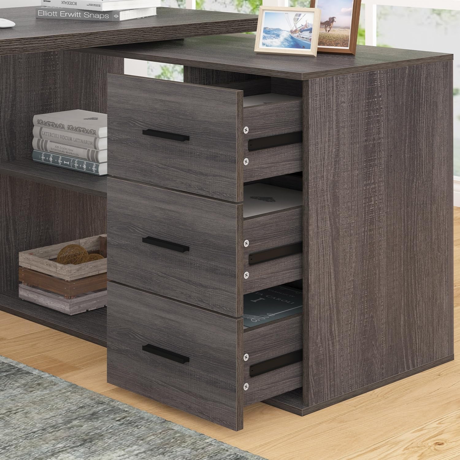 L Shaped Computer Desk Corner Home Office Desk with Drawers 150Cm Grey